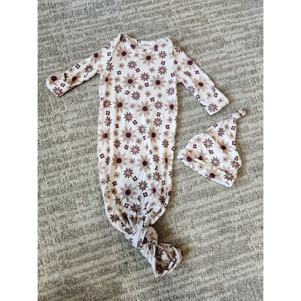 Kindred Bravely bamboo knotted baby gown hat twilight floral size 0-3 months